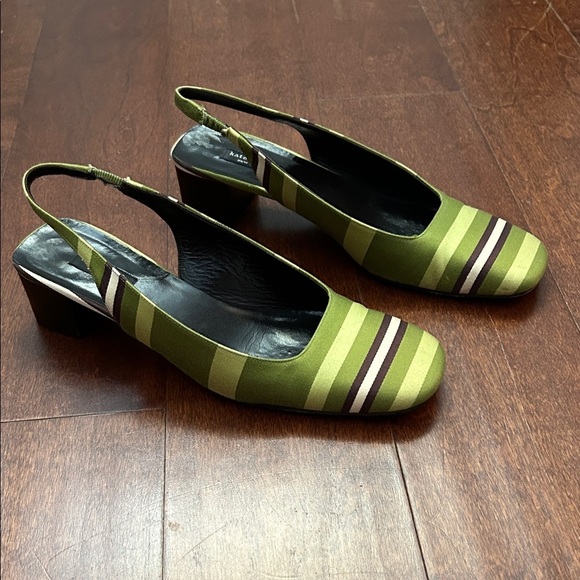 kate spade Shoes - Kate Spade Green and Brown Striped Fabric Slingback Heels, Square Toes, Size 7.5